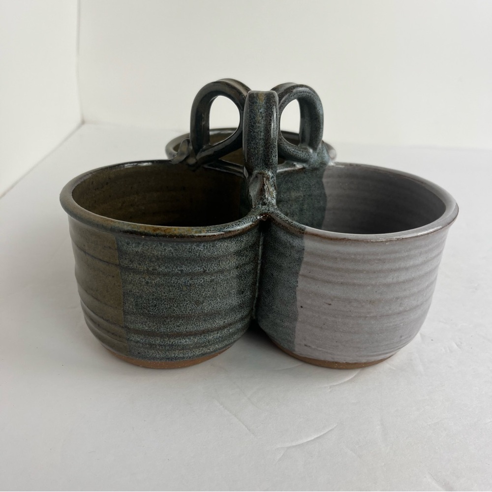 Studio Pottery Triple Condiment Caddy Hand Crafted Artist Signed 1986 Earthy